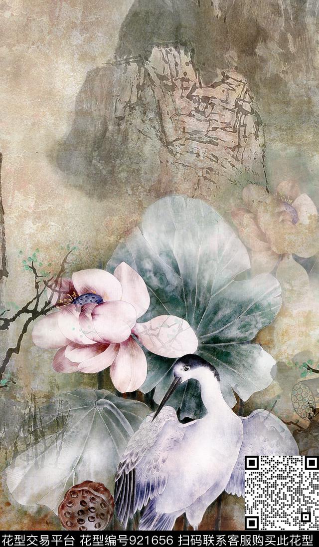 中国风定位花荷花白鹭数码印花华亿平台下载（图片编号: 921656） - 瓦栏（Walan）