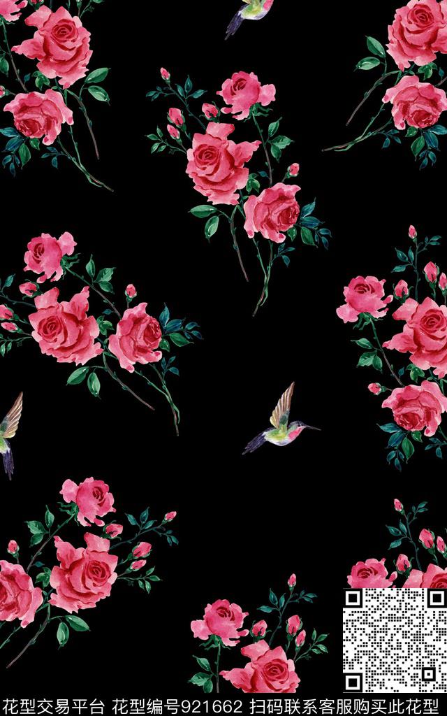 花卉黑底花卉数码印花华亿平台下载（图片编号: 921662） - 瓦栏（Walan）