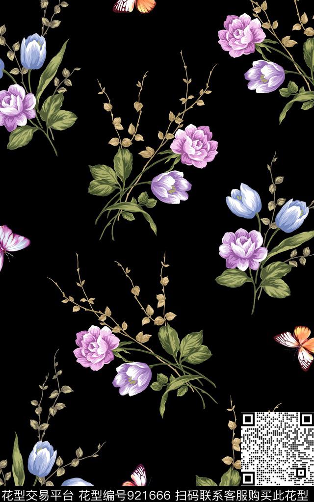 小碎花黑底花卉满版散花数码印花华亿平台下载（图片编号: 921666） - 瓦栏（Walan）