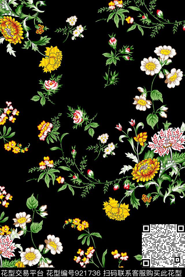 黑底花卉植物手绘花卉数码印花华亿平台下载（图片编号: 921736） - 瓦栏（Walan）