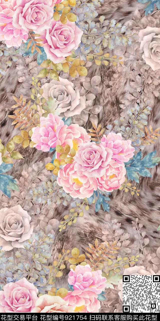 满版散花花卉手绘花卉数码印花华亿平台下载（图片编号: 921754） - 瓦栏（Walan）