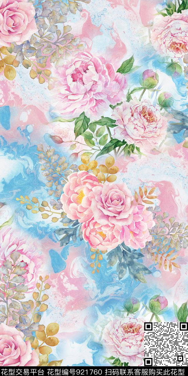 满版散花花卉手绘花卉数码印花华亿平台下载（图片编号: 921760） - 瓦栏（Walan）