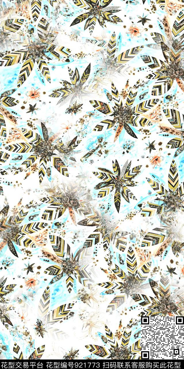 抽象满版散花男装满版花数码印花华亿平台下载（图片编号: 921773） - 瓦栏（Walan）