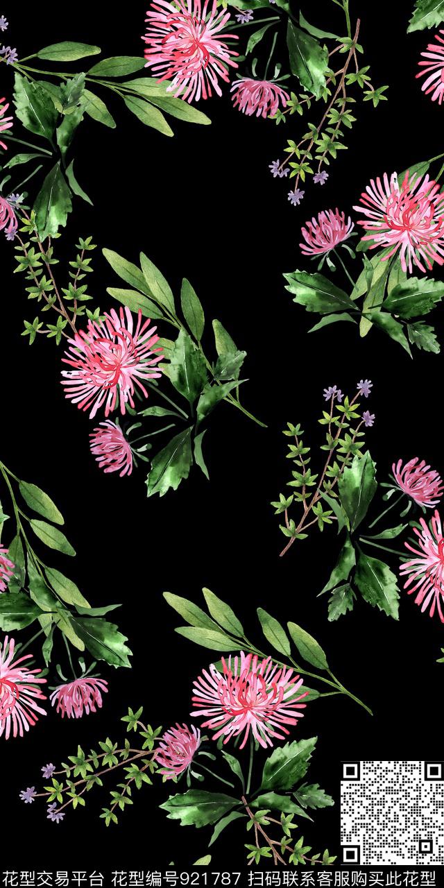 手绘花卉素雅花卉数码印花华亿平台下载（图片编号: 921787） - 瓦栏（Walan）