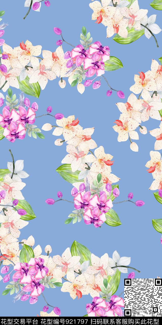 满版散花花卉手绘花卉数码印花华亿平台下载（图片编号: 921797） - 瓦栏（Walan）