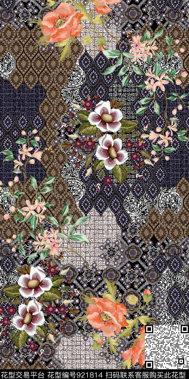 民族风线条花卉几何传统印花华亿平台下载（图片编号: 921814） - 瓦栏（Walan）