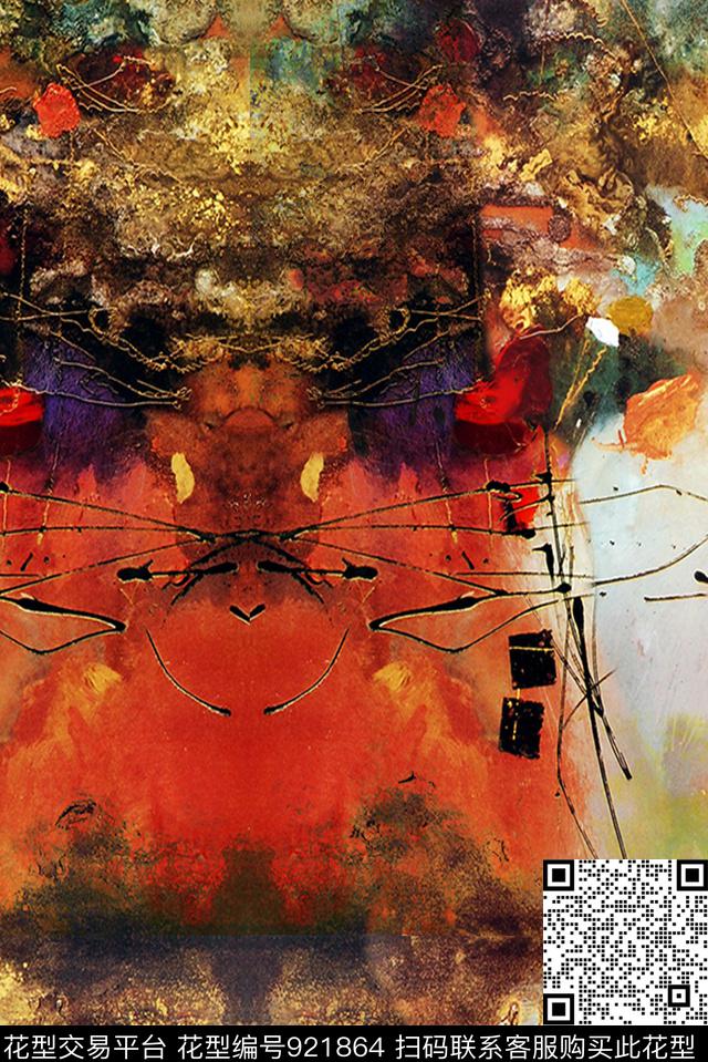 抽象对称花水彩花卉数码印花华亿平台下载（图片编号: 921864） - 瓦栏（Walan）