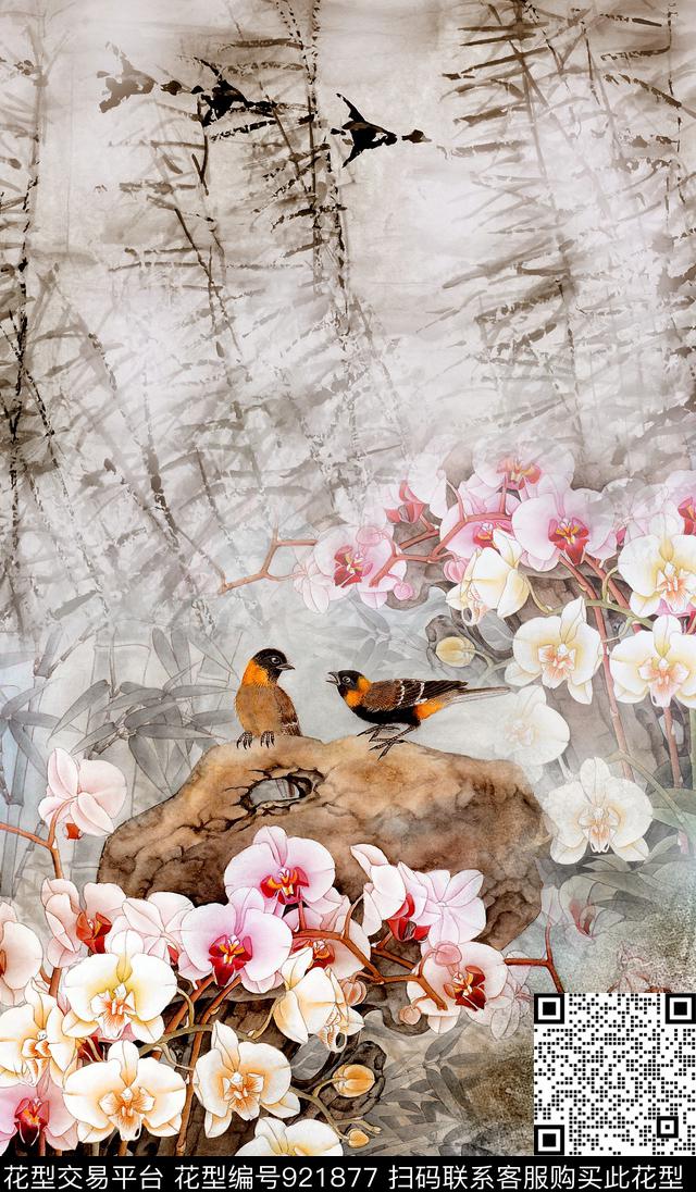 中国风国画定位花数码印花华亿平台下载（图片编号: 921877） - 瓦栏（Walan）
