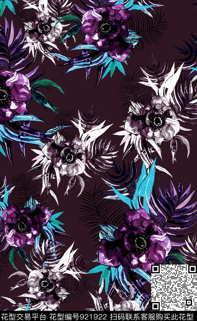 满版散花花卉植物数码印花华亿平台下载（图片编号: 921922） - 瓦栏（Walan）