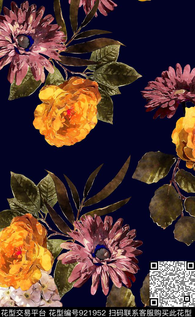 大花花卉植物数码印花华亿平台下载（图片编号: 921952） - 瓦栏（Walan）