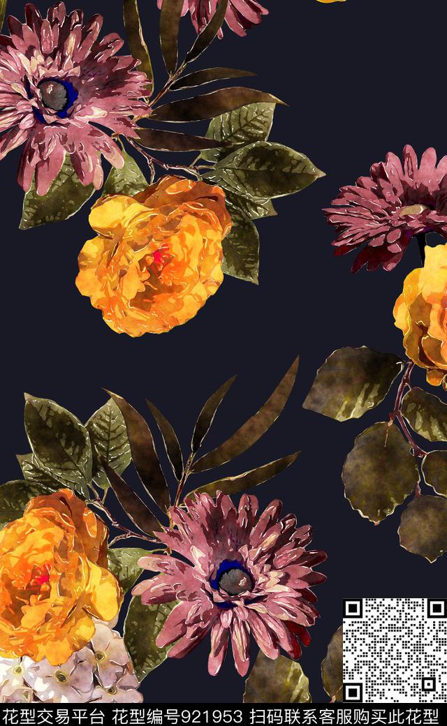 大花花卉植物数码印花华亿平台下载（图片编号: 921953） - 瓦栏（Walan）