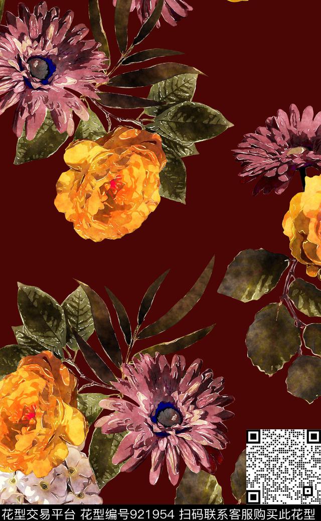 大花花卉植物数码印花华亿平台下载（图片编号: 921954） - 瓦栏（Walan）