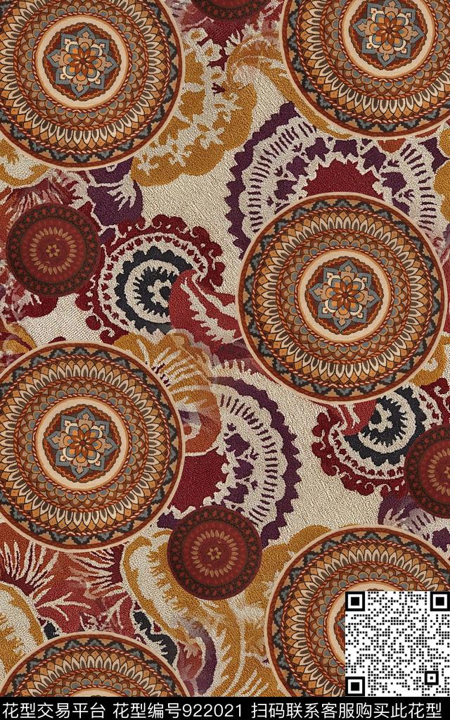 民族风复古圆形数码印花华亿平台下载（图片编号: 922021） - 瓦栏（Walan）