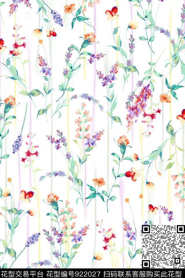水彩花卉小碎花线条数码印花华亿平台下载（图片编号: 922027） - 瓦栏（Walan）