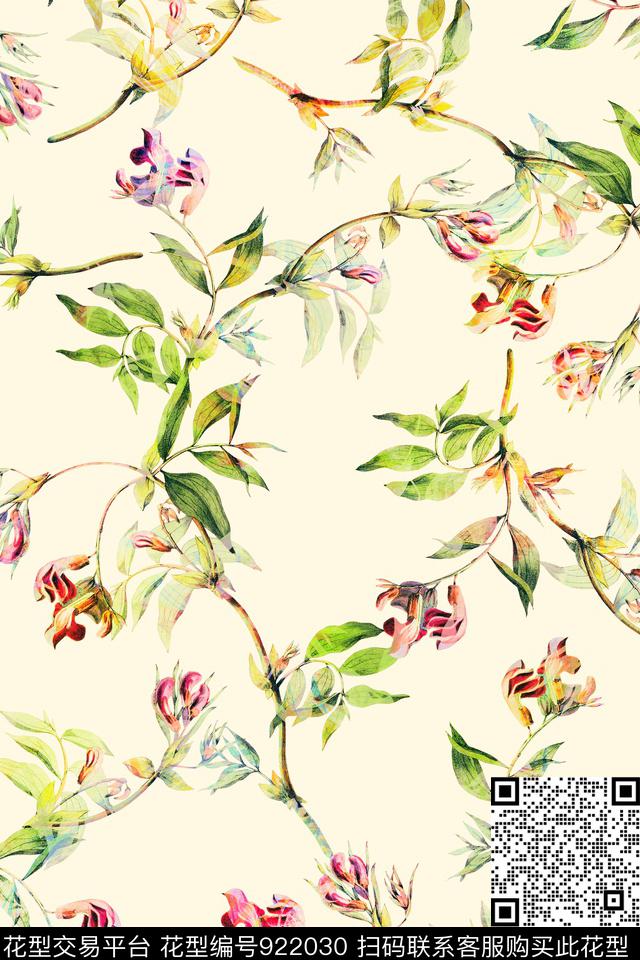彩底花卉小碎花手绘花卉数码印花华亿平台下载（图片编号: 922030） - 瓦栏（Walan）