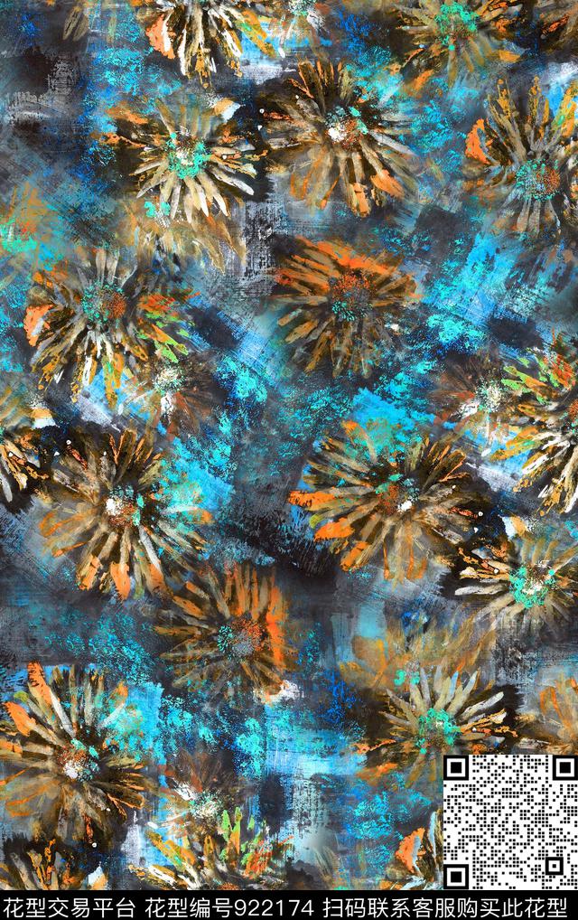水墨风抽象花卉数码印花华亿平台下载（图片编号: 922174） - 瓦栏（Walan）