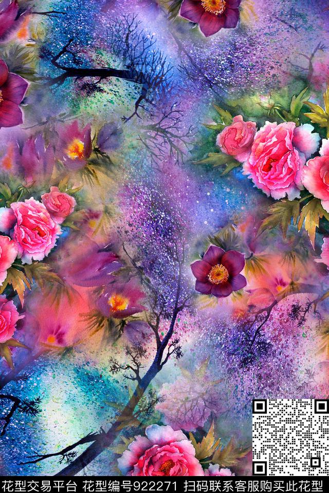 小碎花牡丹花卉数码印花华亿平台下载（图片编号: 922271） - 瓦栏（Walan）