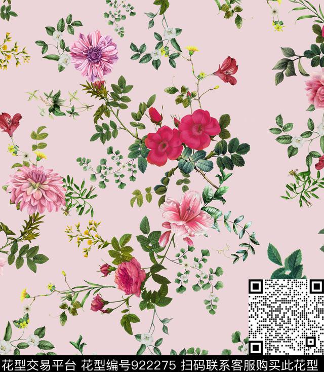 花鸟手绘花卉藤蔓数码印花华亿平台下载（图片编号: 922275） - 瓦栏（Walan）