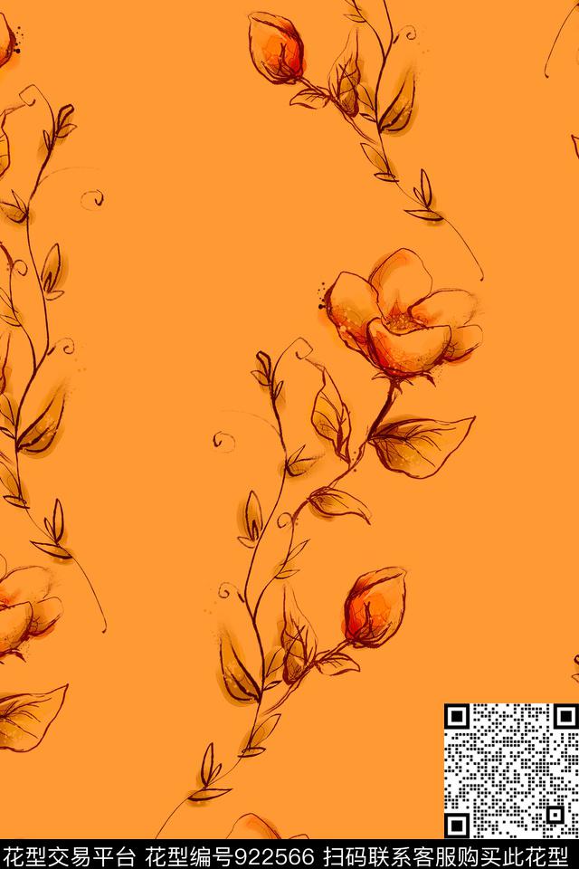 线条花卉秋冬华亿平台花卉数码印花华亿平台下载（图片编号: 922566） - 瓦栏（Walan）