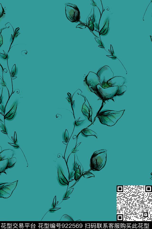 线条花卉秋冬华亿平台花卉数码印花华亿平台下载（图片编号: 922569） - 瓦栏（Walan）