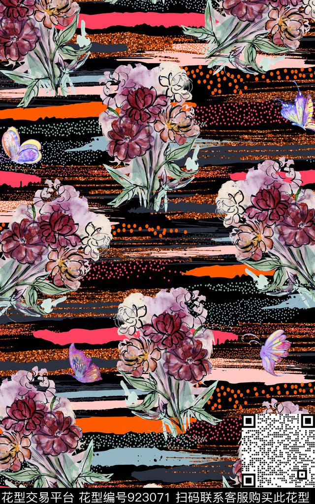花卉民族风复古数码印花华亿平台下载（图片编号: 923071） - 瓦栏（Walan）