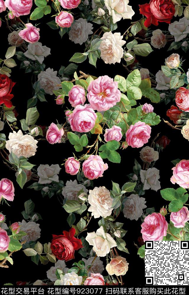 女装蔷薇花花卉数码印花华亿平台下载（图片编号: 923077） - 瓦栏（Walan）