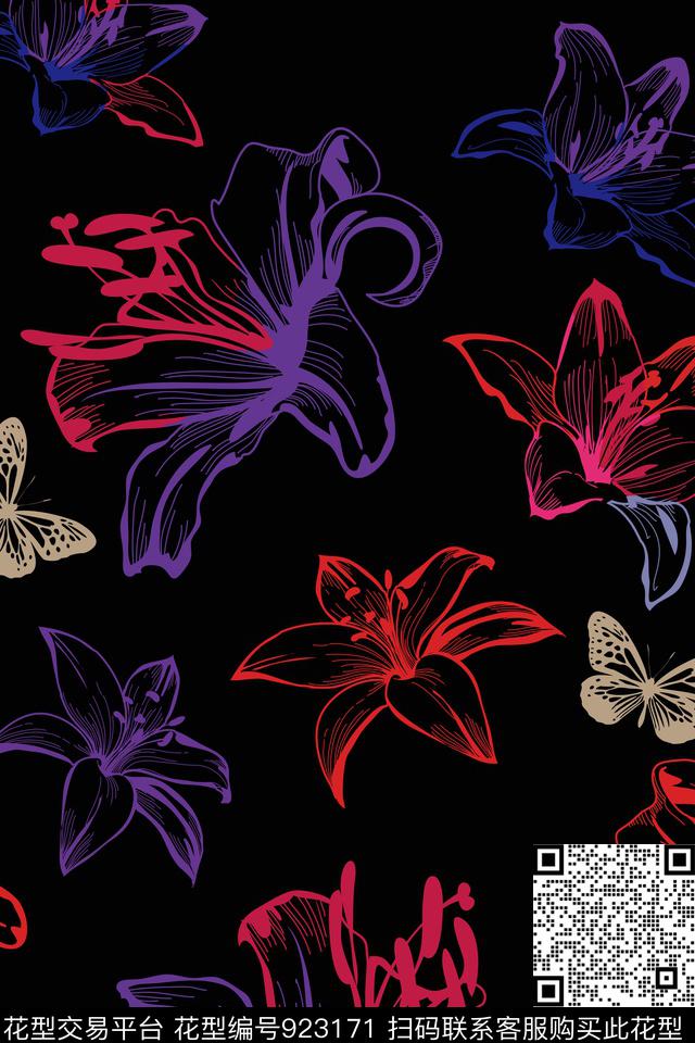 花卉女装百合数码印花华亿平台下载（图片编号: 923171） - 瓦栏（Walan）