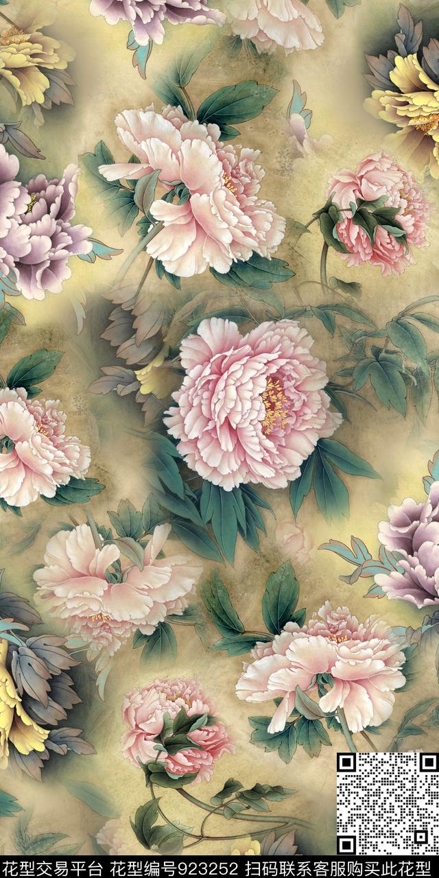 旗袍牡丹高清花卉数码印花华亿平台下载（图片编号: 923252） - 瓦栏（Walan）