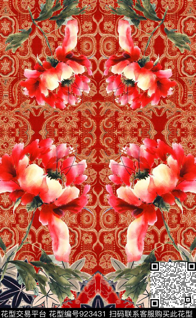 花卉中国风定位花水墨风数码印花华亿平台下载（图片编号: 923431） - 瓦栏（Walan）