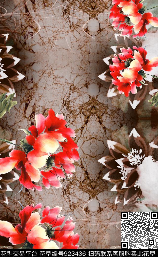 花卉中国风定位花水墨风数码印花华亿平台下载（图片编号: 923436） - 瓦栏（Walan）