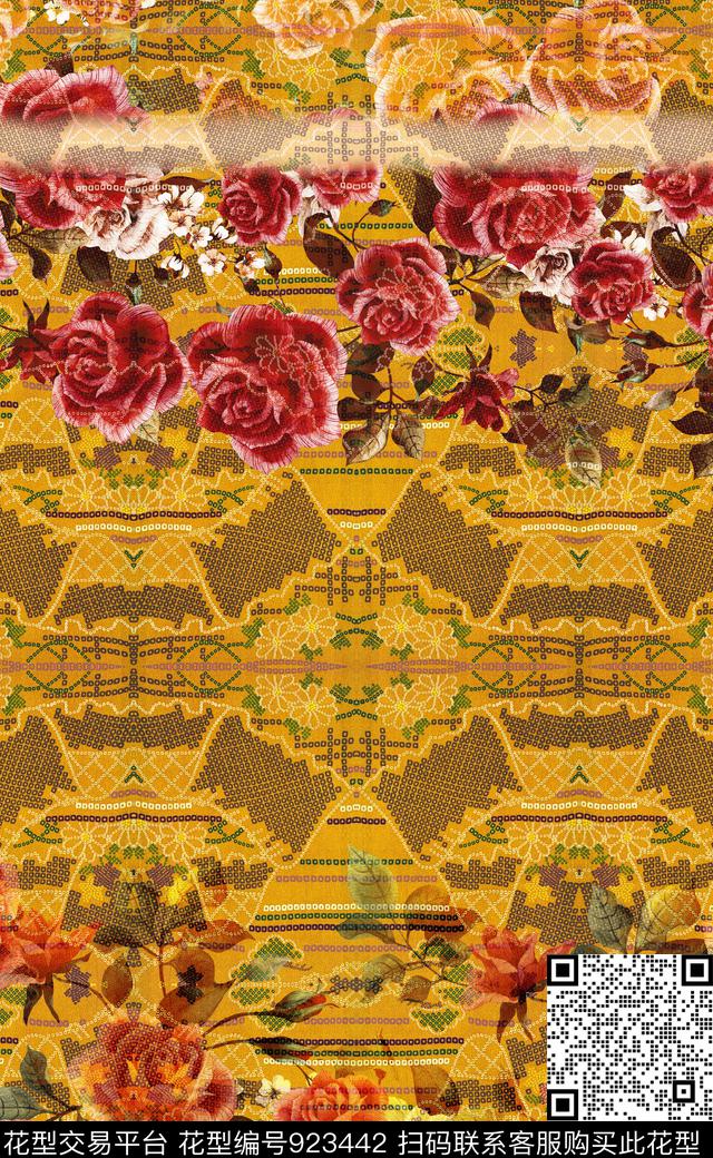 花卉定位花民族风数码印花华亿平台下载（图片编号: 923442） - 瓦栏（Walan）