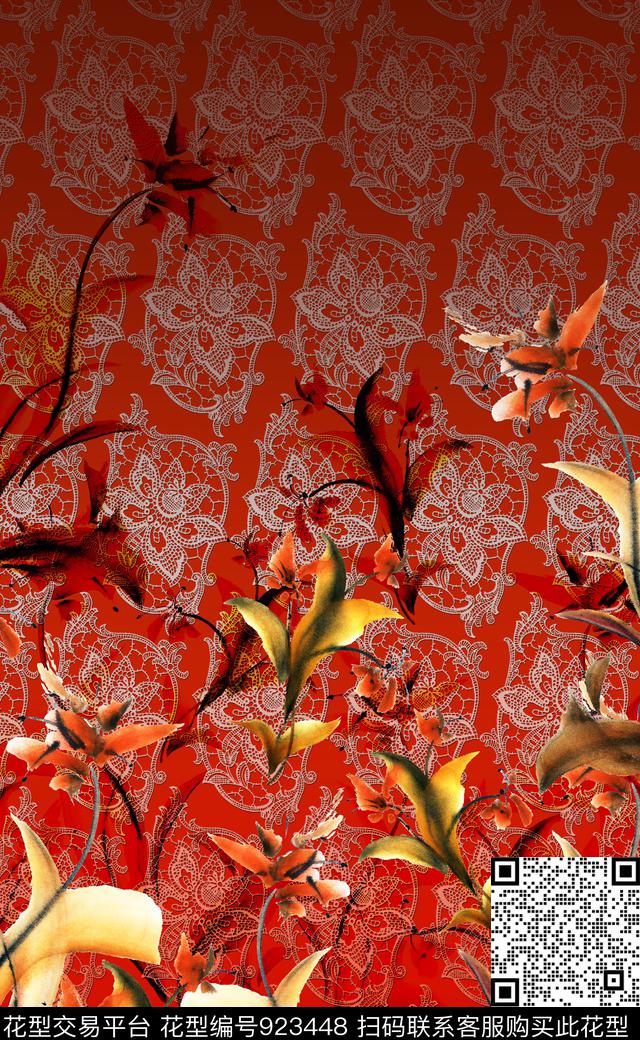 花卉中国风定位花水墨风数码印花华亿平台下载（图片编号: 923448） - 瓦栏（Walan）