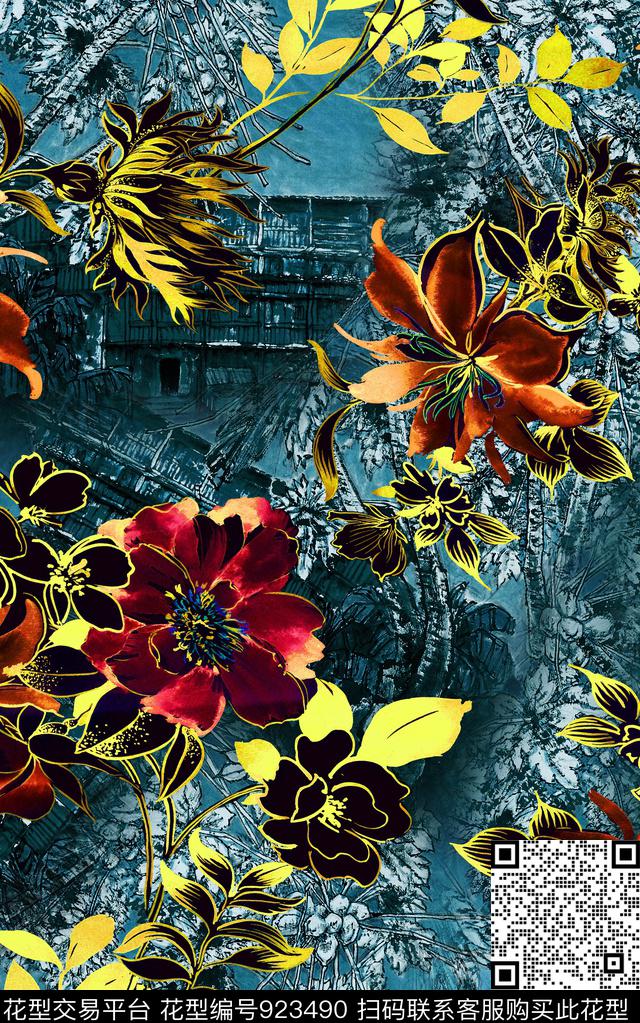 水彩花卉小碎花中国风数码印花华亿平台下载（图片编号: 923490） - 瓦栏（Walan）