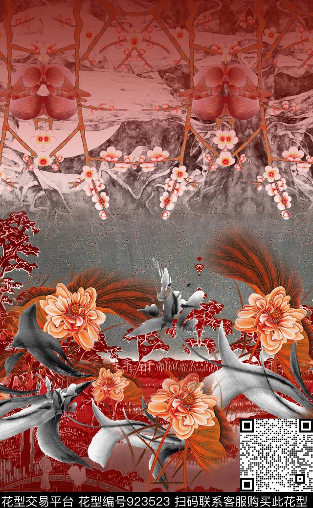 花卉中国风定位花水墨风数码印花华亿平台下载（图片编号: 923523） - 瓦栏（Walan）