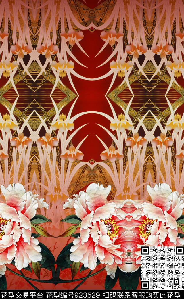 花卉中国风定位花水墨风数码印花华亿平台下载（图片编号: 923529） - 瓦栏（Walan）