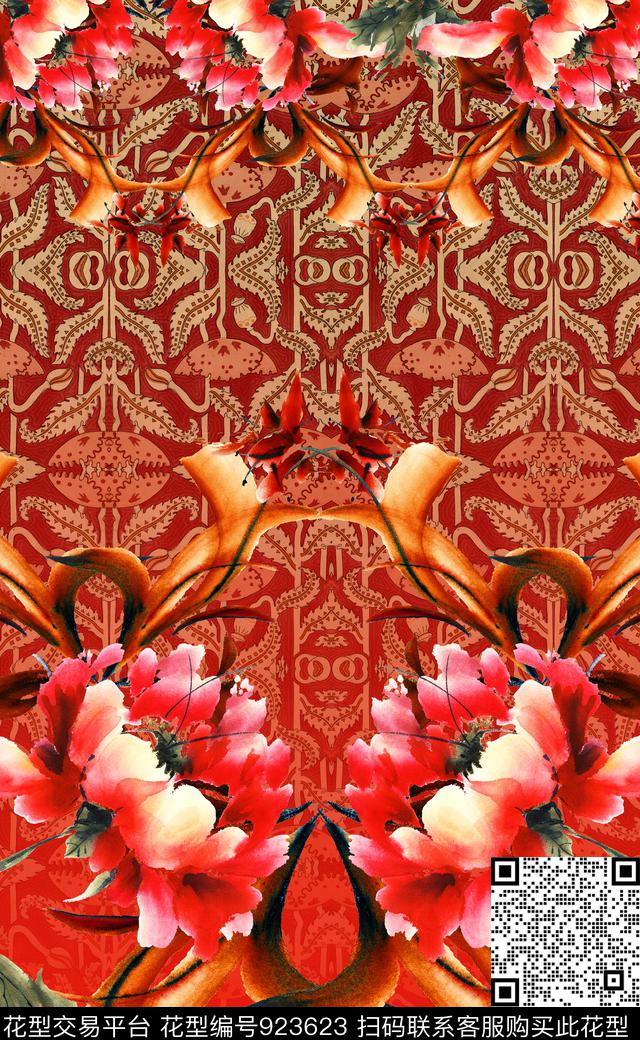花卉中国风定位花水墨风数码印花华亿平台下载（图片编号: 923623） - 瓦栏（Walan）