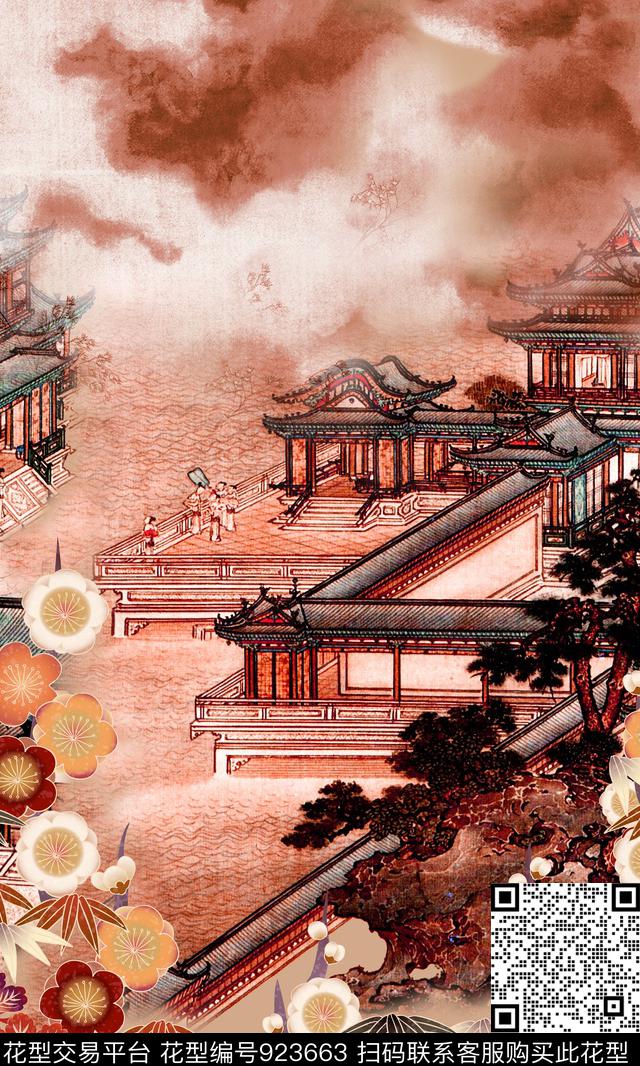 花卉建筑古典花纹数码印花华亿平台下载（图片编号: 923663） - 瓦栏（Walan）