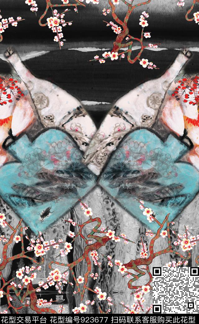 花卉中国风定位花水墨风数码印花华亿平台下载（图片编号: 923677） - 瓦栏（Walan）