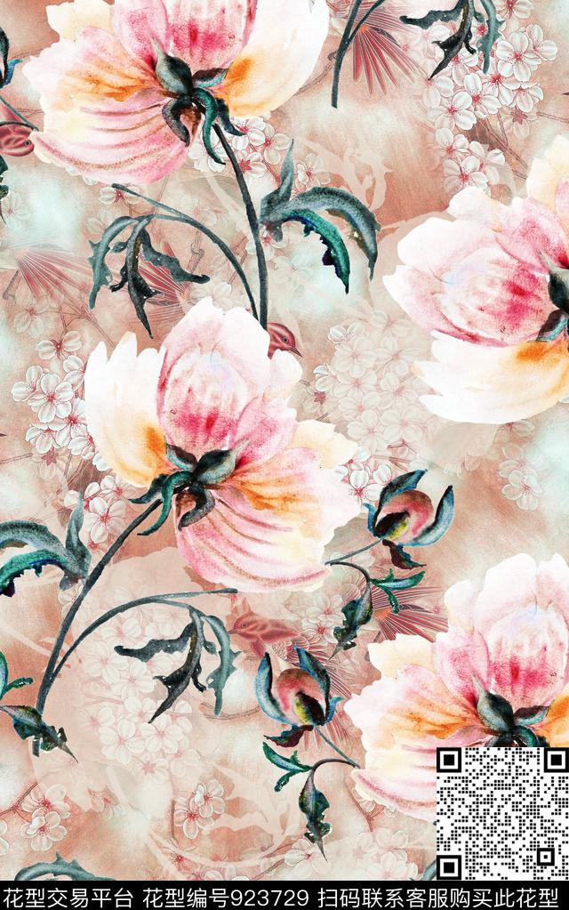 水彩花卉小碎花中国风数码印花华亿平台下载（图片编号: 923729） - 瓦栏（Walan）