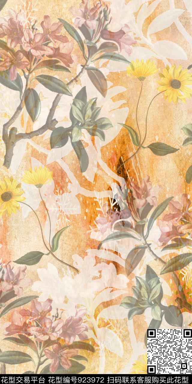 大花花卉复古数码印花华亿平台下载（图片编号: 923972） - 瓦栏（Walan）