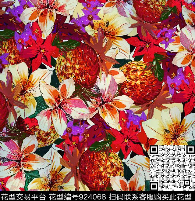 中国风花卉风格化花卉数码印花华亿平台下载（图片编号: 924068） - 瓦栏（Walan）