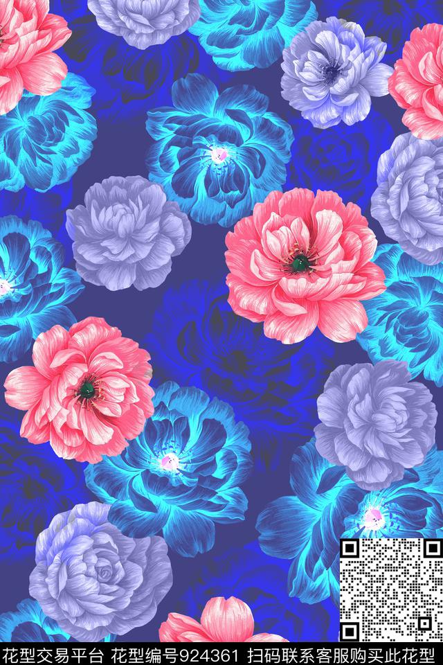 线条花卉手绘花卉数码印花华亿平台下载（图片编号: 924361） - 瓦栏（Walan）