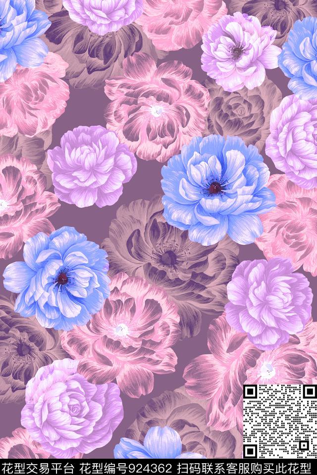 线条花卉手绘花卉数码印花华亿平台下载（图片编号: 924362） - 瓦栏（Walan）