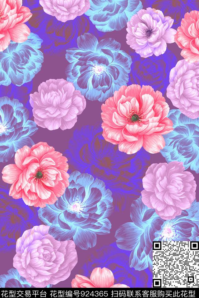 线条花卉手绘花卉数码印花华亿平台下载（图片编号: 924365） - 瓦栏（Walan）