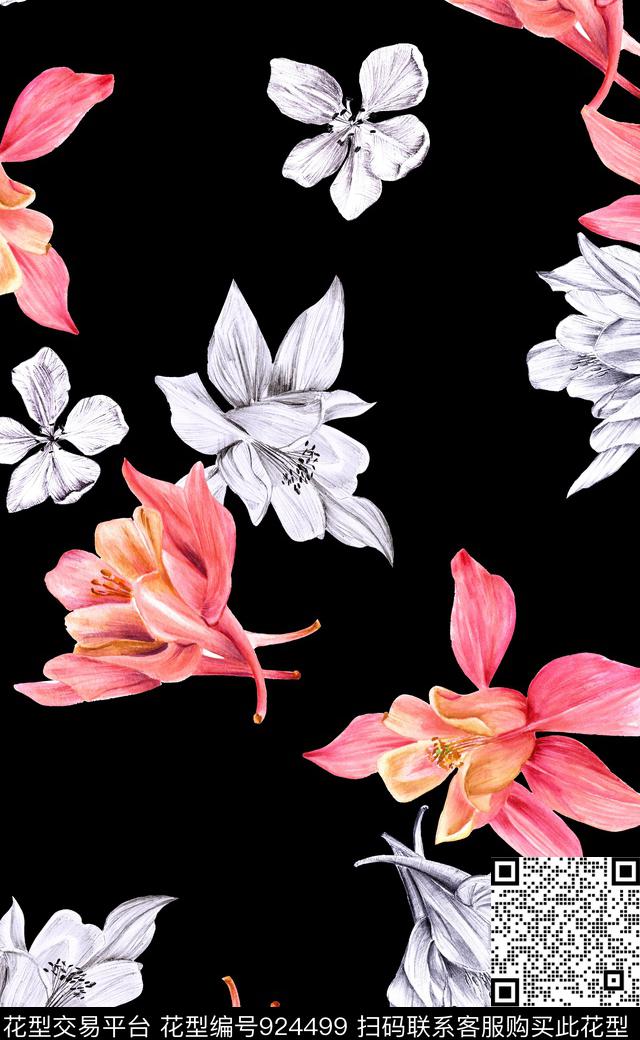 素雅植物大花数码印花华亿平台下载（图片编号: 924499） - 瓦栏（Walan）