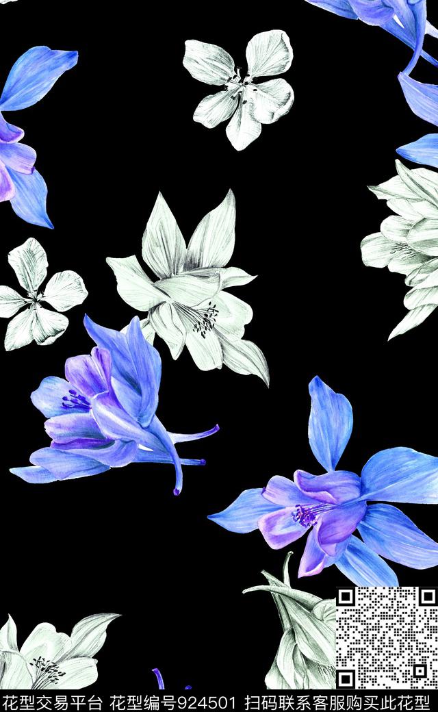 素雅植物大花数码印花华亿平台下载（图片编号: 924501） - 瓦栏（Walan）