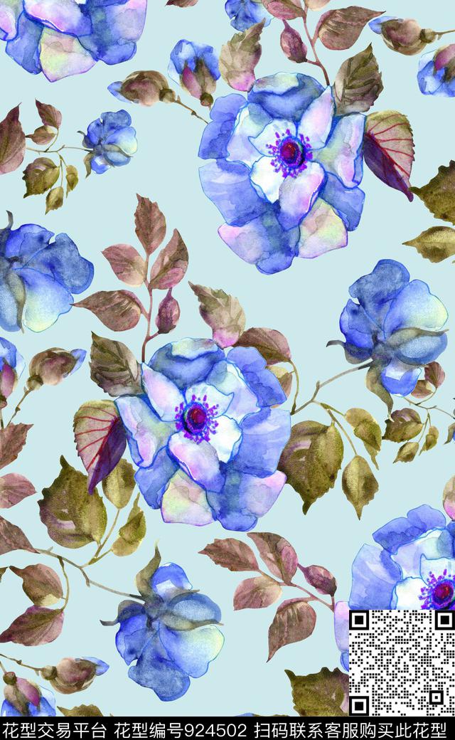 素雅植物大花数码印花华亿平台下载（图片编号: 924502） - 瓦栏（Walan）