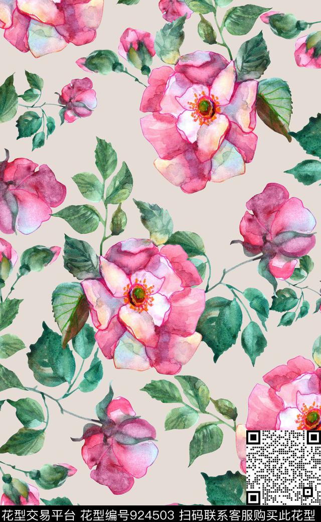 素雅植物大花数码印花华亿平台下载（图片编号: 924503） - 瓦栏（Walan）