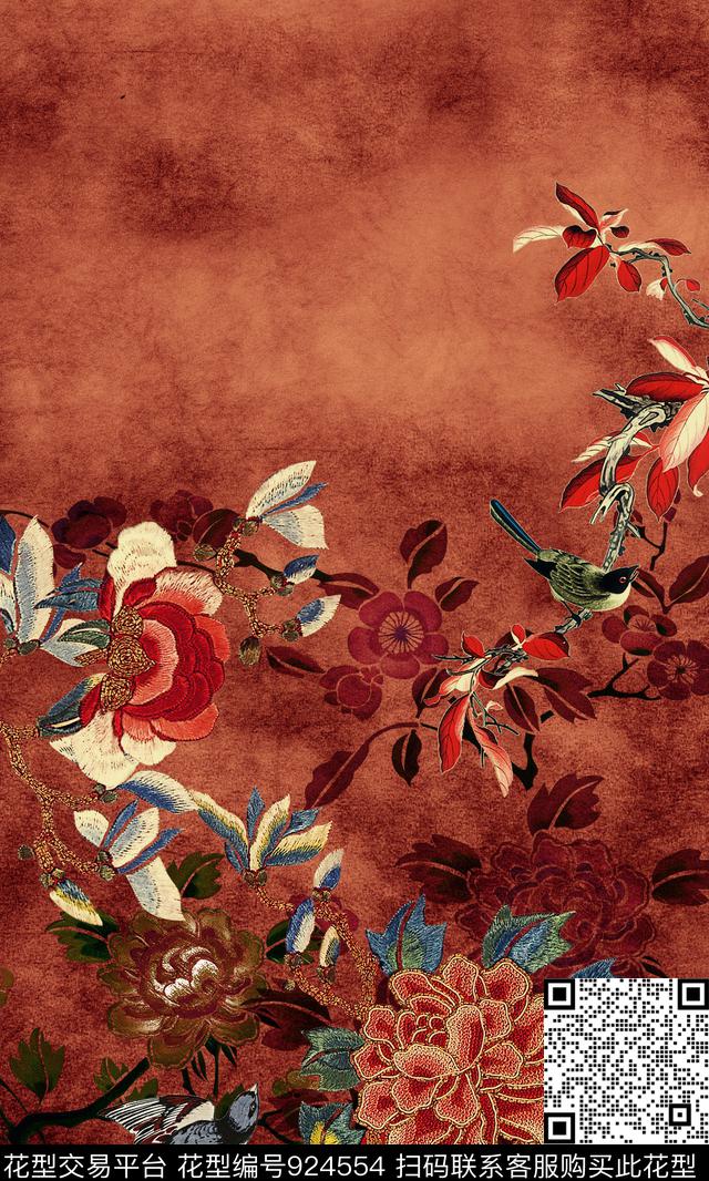 花卉定位花中国风定位花数码印花华亿平台下载（图片编号: 924554） - 瓦栏（Walan）