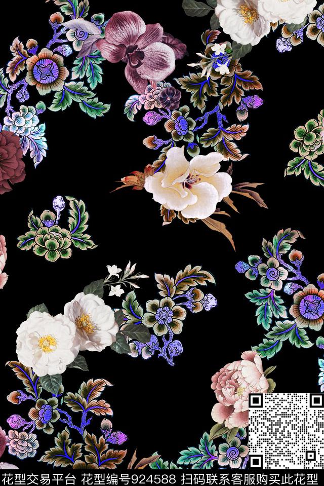 花卉中老年中国风数码印花华亿平台下载（图片编号: 924588） - 瓦栏（Walan）
